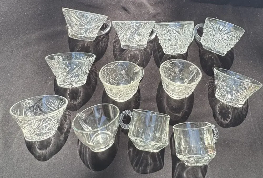 12 Vintage Clear Pressed Glass Punch Bowl Cups -Cups Only- Mixed Variety -10/13